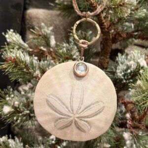 NATURAL REAL SAND DOLLAR CHRISTMAS ORNAMENT w/ Twine & Crystal Jem 2.75" Dia.